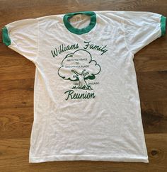 1980's vintage family reunion ringer tshirt,  50/50 cotton poly.  Pristine condition I don't think this has ever been worn, incredibly white for its age!!  Men's medium (tag says medium, but actually much closer to a small). Hanco tag, made in the USA. White Crew Neck T-shirt For Family Reunion, 90s Culture, Family Reunion Shirt, Family Reunion Shirts, Reunion Shirts, Vintage Family, Culture Fashion, 1980s Vintage, Family Reunion