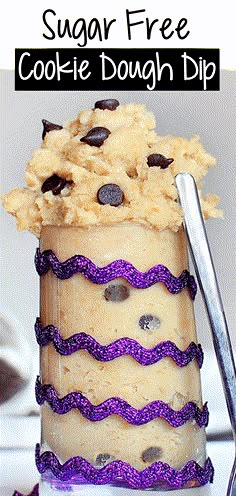 a cookie dough dip in a glass jar with a spoon next to it and the text, sugar free cookie dough dip