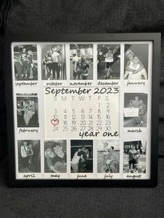 a black and white photo frame with calendars on it