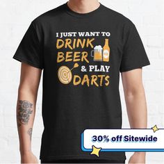 Standard fit with double-needle hems for durability. Solid colors are 100% preshrunk cotton, heather colors are cotton blend. Range of colors available, with the option to print on front or back. Size range S-3XL, suitable for men and women. Check out this funny darts design. It's the perfect gift idea for men and women fans that enjoy a drinking beer when they're throwing darts. This clean simple dart playing design comes in a variety of products such as t-shirts, hoodies, mugs, and much more. Throwing Darts, Play Darts, Drink Beer, Drinking Beer, Bearded Men, Dart, Mens Gifts, Classic T Shirts, Beer