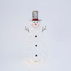 a snowman with a top hat and lights on it's head, standing against a white background