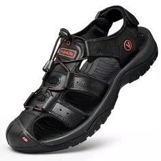 Rubber sole Rubber sole:clear texture, non-slip, durable, fit the foot comfortably Fit adjustment: Velcro system can be adjusted to a comfortable size Leather Upper: Made of high-quality leather, soft, breathable and easy to clean Anti-collision toe cap: protect your toes from injury Size: 11.  Color: Black.  Gender: male.  Age Group: adult. Italian Shoes For Men, Mens Beach Shoes, Branded Shoes For Men, Velcro Shoes, Men Sandals, Mens Leather Sandals, Hiking Sandals, Outdoor Men, Casual Sport Shoes