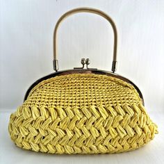 1960s Gaymode Yellow Straw Purse Raffia Lucite Handbag Made Japan MCM Vintage. Snag on one side. Vintage Handmade Straw Bag For Daily Use, Handmade Vintage Straw Bag For Daily Use, Vintage Summer Bag With Braided Handles, Vintage Straw Bag For Daily Use, Retro Summer Straw Bag For Everyday Use, Yellow Vintage Shoulder Bag For Shopping, Retro Natural Color Summer Bag, Vintage Summer Satchel Straw Bag, Vintage Satchel Straw Bag For Summer