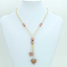 Murano Heart Tie Necklace - Rose Pink Elegant Heart Beads Necklace For Party, Elegant Party Heart Beads Necklace, Elegant Adjustable Heart Necklace, Elegant Rose Gold Heart Necklace For Party, Pink Double Heart Elegant Jewelry, Elegant Pink Double Heart Jewelry, Elegant Adjustable Double Heart Necklace, Elegant Pink Heart Necklace For Wedding, Rose Gold Heart Beads Necklace