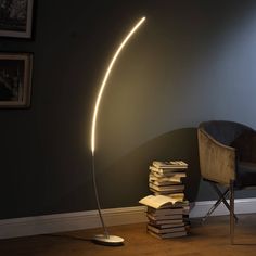 a lamp that is next to a stack of books