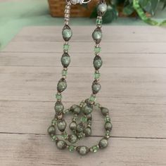 Vintage Olive & Apple Green Beaded Necklace Silver Accents Beads Boho Chic 24"  | eBay Vintage Czech Glass Beaded Necklace, Adjustable Long Beaded Necklace, Vintage Beaded Adjustable Long Necklace, Green Beaded Chain Jewelry, Vintage Adjustable Beaded Long Necklace, Adjustable Beaded Crystal Necklace With Oval Beads, Adjustable Beaded Crystal Necklaces With Oval Beads, Adjustable Green Beads Long Necklace, Costume Jewelry Necklaces With Round Beaded Chain