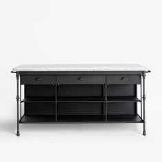 a black and white table with drawers on it's sides, against a white background