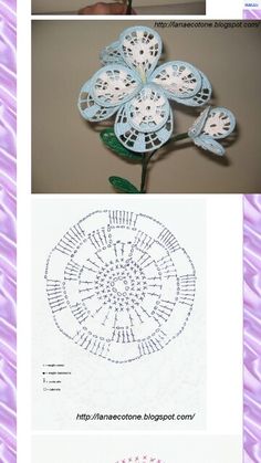 three pictures with different designs on them and one has a flower in the middle that is crocheted