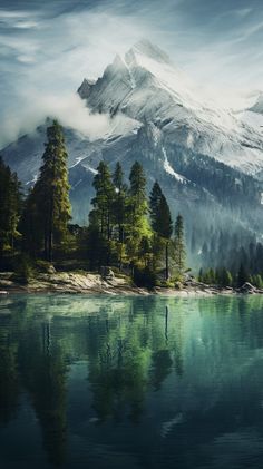 the mountain is covered in snow and surrounded by pine trees, as well as water