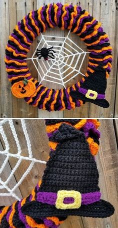 crocheted halloween wreath with pumpkins and spider web on it, hanging from the side