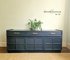 a plant sitting on top of a black dresser next to a wall with the words blonche furniture