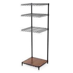 three tiered shelving unit with wood flooring and metal shelves on each side