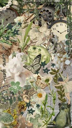 a collage of many different things including flowers, plants and clocks is shown in this image