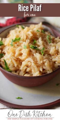 rice pilaf in a brown bowl on a plate with the title above it