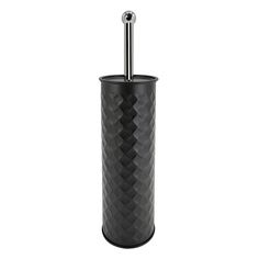 a black toilet paper holder with a metal handle and diamond pattern on the bottom, in front of a white background