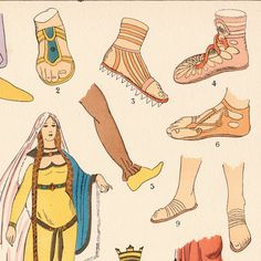 an old fashion illustration shows different types of shoes and footwear