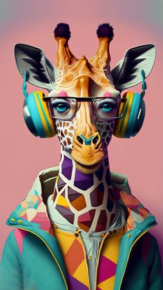 a giraffe with headphones on it's ears and wearing a jacket