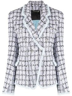 light blue/navy blue tweed notched lapels front button fastening long sleeves two front patch pockets Giacca In Tweed, Tweed Blazer Women, Blazer Blu, Blue Tweed, Tweed Mini Skirt, Womens Blazers, Tweed Blazer, Philipp Plein, Style Chic