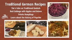 an advertisement for traditional german recipes with pictures of different foods and ingredients in the background