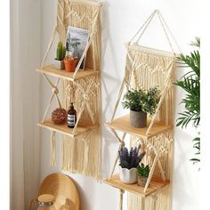 two macrame style shelves with plants on them