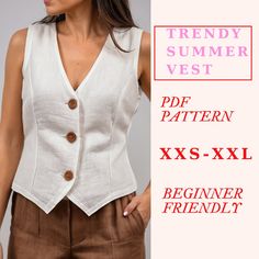 a woman wearing a white vest and brown pants with the text trendy summer vest