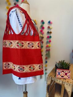 Coin Purse Included!! Hand embroidered loom woven bags. 16x14 Made in Chiapas Mexico Traditional Handwoven Shopping Bags, Traditional Woven Shopping Bags, Artisan Embroidered Beach Bag, Red Woven Crochet Bag For Market, Traditional Square Woven Bag, Rectangular Red Bag With Weaving Work, Red Rectangular Bags With Weaving Work, Traditional Tote Bag With Weaving Work, Red Woven Crochet Shopping Bag