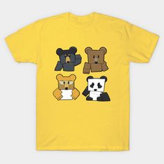 four teddy bears on a yellow t - shirt