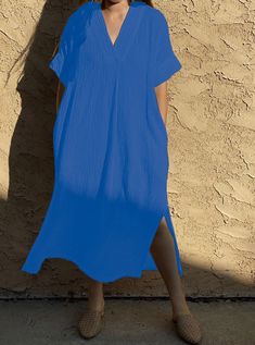 Lasaky - Cotton Texture Beach Cover-Up with Beach Skirt Bikini Swimsuit Sun Protection Shirt Dress For Home, Beach Coverup Dress, Bohemian Maxi Dress, Short Sleeve Maxi Dresses, Cotton Texture, Beach Skirt, Boho Beach, Maxi Dress Blue, Maxi Dress With Sleeves