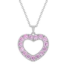 Looking for a special gift for your little princess? This gorgeous open heart pendant sparkles brightly with multiple pretty pink cubic zirconias. Crafted entirely of 925 sterling silver which is suitable for those with sensitive skin. This necklace rests on a beautiful matching link chain and comes neatly packaged in its own little gift box! Age Group: Lovely for Young Girls and Pre-Teens; Safe for Sensitive Skin Material: 925 Sterling Silver Heart Size: 17mm x 18mm Open heart, prong set (pink) Pink Heart Cut Birthstone Necklace, Pink Birthstone Heart Pendant Necklace, Valentine's Day Pink Sterling Silver Heart Necklace, Pink Heart Pendant Necklace With Birthstone, Pink Heart-shaped Jewelry With Sparkling Stones, Pink Heart Cut Sapphire Jewelry, Pink Heart Cut Sparkling Stones Jewelry, Pink Sapphire Heart Cut Jewelry, Pink Sterling Silver Heart Cut Necklace