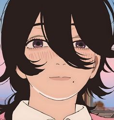 an anime character with long black hair and brown eyes, wearing a white collared shirt