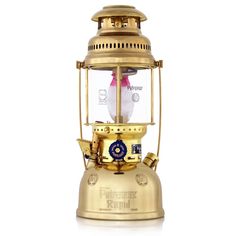 an old fashioned brass lantern is shown on a white background