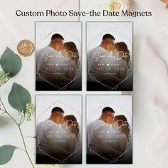 three square photos with the text save the date magnets printed on them, next to some flowers