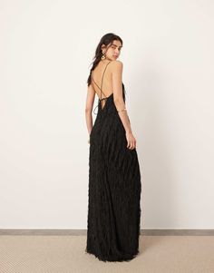 Fringe Spaghetti Strap Evening Dress, Evening Dress With Fringe And Spaghetti Straps, Spaghetti Strap Evening Dress With Fringe, Evening Fringed Floor-length Maxi Dress, Evening Fringe Maxi Dress, Evening Fringe Floor-length Maxi Dress, Chic Fringed Floor-length Dress, Sleeveless Fringe Maxi Dress For Evening, Spring Evening Maxi Dress With Fringe