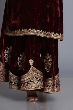 Wine red kurta with zardozi embroidery and sequin detail. Comes with embroidered sharara. - Aza Fashions Badla Embroidery, Sharara For Women, Kurta With Sharara, Embroidered Sharara, Jayanti Reddy, Red Kurta, Anushree Reddy, Sharara Gharara, Zardozi Embroidery