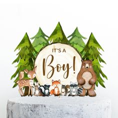 a cake topper that says oh baby surrounded by woodland animals