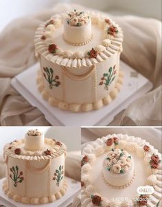 two cakes with white frosting and red flowers on them, one is decorated in gold