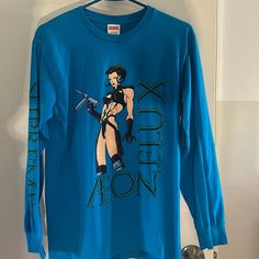 Never Worn Long Sleeve Bright Blue Supreme Aeon Flux T-Shirt. Adult Size Small. 2022 Collection. Light Blue Long Sleeve T-shirt For Streetwear, Blue Graphic Print Long Sleeve Tops, Blue Long Sleeve Top With Graphic Print, Blue Fitted Shirt With Graphic Print, Tops 2022, Aeon Flux, Bright Blue, Long Sleeve Tees, Womens Tops