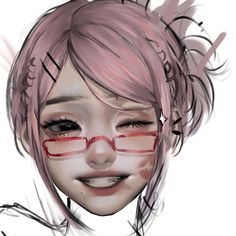 a digital painting of a girl with pink hair and red eyeglasses on her face