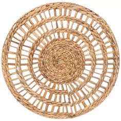 three round woven placemats on a white background