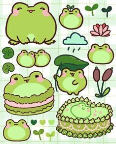 some green and pink items on a tiled surface with flowers, plants and other things