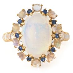 Opal Moonstone & blue sapphire bubble ring – YI COLLECTION Yi Collection, Opal Moonstone, Bubble Ring, Moon Stone, Rainbow Moonstone, Green And Gold, Blue Sapphire, Moonstone, Swirl