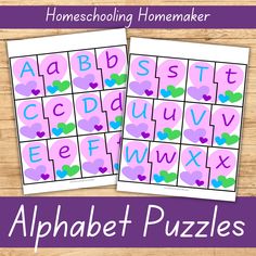 two alphabet puzzles with hearts on them and the words, homeschooling homemaker