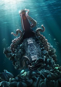 an octopus is sitting on top of a beer bottle in the middle of the ocean