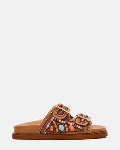 CABO Multi Beaded Footbed Slide | Women's Sandals – Steve Madden Leather Embellished Low Heel Sandals, Brown Leather Embellished Sandals, Embellished Leather Slip-on Sandals, Brown Embellished Leather Sandals, Brown Embellished Sandals With Round Toe, Brown Embellished Round Toe Sandals, Steve Madden Store, Shoes Trendy, Sale Clothing