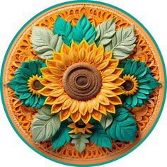 an intricately painted sunflower is shown in the center of this circular artwork piece