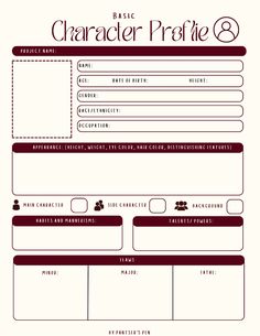 the character profile sheet is shown in red and white