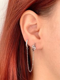 CZ Snake Stud Earring, Sterling Silver Chain Earring, Double Piercing Earring, Helix Earring, Helix Hoop, Huggie Earring, Streetwear Earring - Etsy Spain Trendy Hypoallergenic Piercings, Trendy Silver Hoop Earrings With Adjustable Chain, Trendy Silver Huggie Piercings, Trendy Cartilage Earrings With Adjustable Chain, Trendy Internally Threaded Huggie Earrings, Trendy Sterling Silver Dangle Piercings, Earring Double Piercing, Double Piercing Earring, Double Piercing