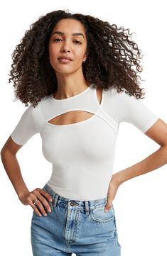 Fall for the layered look of this close-fitting top centered with an eye-catching front cutout. Crewneck Short sleeves 96% Tencel® lyocell, 4% elastane with 95% viscose, 5% elastane contrast Tencel lyocell is a more-sustainably produced fiber made with closed-loop processing Machine wash, line dry Imported Fitted Cropped Cutout Tops, Fitted Cutout Cropped Tops, Elastane Tops With Minimal Stretch For Night Out, Spring Seamless Tops For Night Out, Elastane Cutout Tops For Night Out, Seamless Tops For Night Out In Spring, Seamless Tops For Spring Night Out, Night Out Tops With Minimal Stretch Elastane, Summer Cropped Tops With Cutout