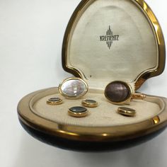 Art Deco Krementz gold filled abalone 4 stud set with cuff links in original box circa 1940's. Rare to have 4 shirt studs as most stud sets from this era typically only have 3 studs. Please feel free to contact me with any further questions I may answer for you. FREE SHIPPING within the United States Stud Set, Cuff Links, Mirror Table, Gold Filled, Cufflinks, Original Box, Art Deco, United States, Cuff