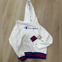 Nwt Champion Hoodie From Pacsun. White Hooded Hoodie For Sports Season, White Throwback Hooded Hoodie, White Winter Hoodie For College, White Varsity Sports Hoodie, White Varsity Sweatshirt For Winter, White Hoodie With Drawstring Hood For Sports Season, White Hoodie With Drawstring Hood, White Long Sleeve Throwback Sweatshirt, White Varsity Hoodie For Winter